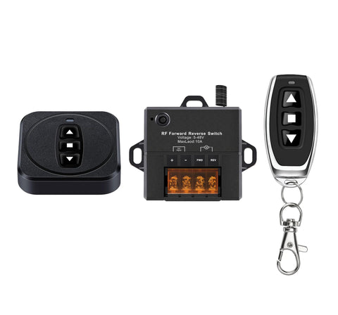 SRDKG 12V forward/reverse remote switch kit: two remotes and black controller with orange terminal block