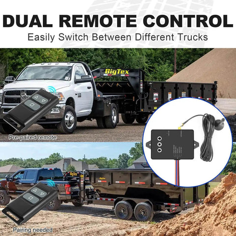 Wireless Dump Trailer Remote Control Kit With 100 Ft Range shown with remote and trailer setup in various environments.