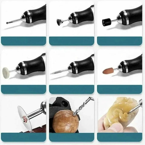 Wireless Engraving Pen Kit With 30 Metal Grinding Bits Ceramic Bit And 3 Cutting Blades close-ups on various engraving tips in use