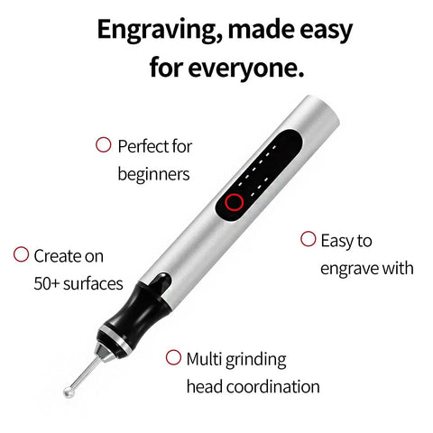 Wireless Engraving Pen Kit With 30 Metal Grinding Bits Ceramic Bit and 3 Cutting Blades shown with multiple surface capability