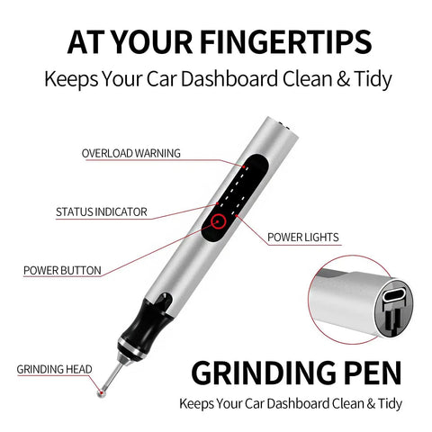 Wireless Engraving Pen Kit With 30 Metal Grinding Bits Ceramic Bit And 3 Cutting Blades labeled features like grinding head and power button