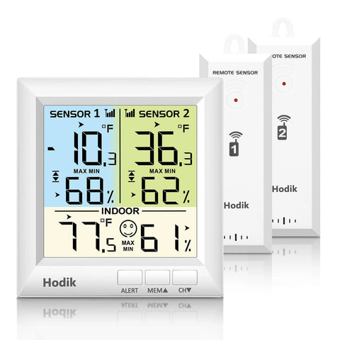 Wireless fridge/freezer thermometer with dual sensors and backlit display, white Hodik device; three items shown