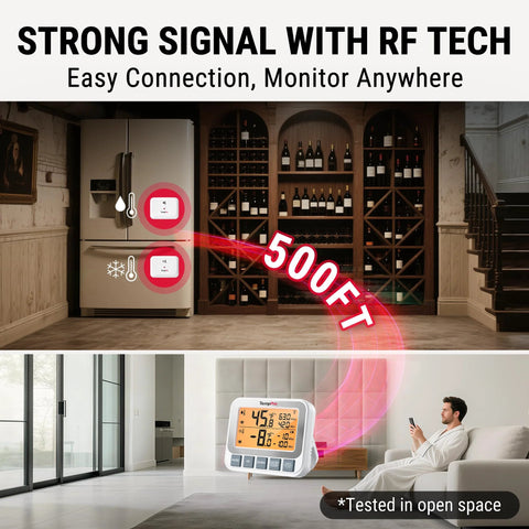 TempPro wireless fridge/freezer thermometer with alarm, white unit featuring a backlit LCD display and 500 ft range.