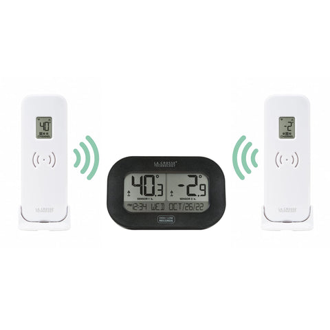 La Crosse Technologies wireless refrigerator/freezer thermometer set with two white remote sensors and a black dual-display receiver.