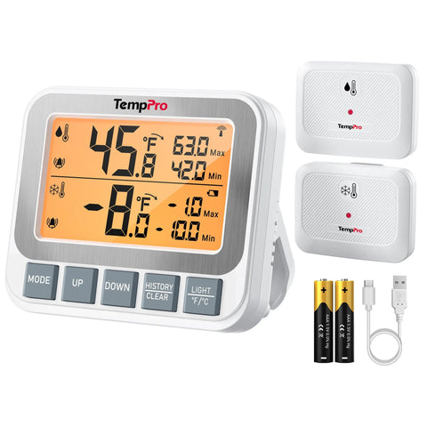 TempPro wireless freezer/fridge thermometer with alarm; main unit with backlit orange display and two remote sensors