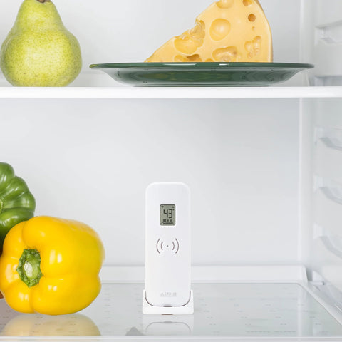 La Crosse Technology wireless refrigerator/freezer thermometer, white with magnetic back and digital display.