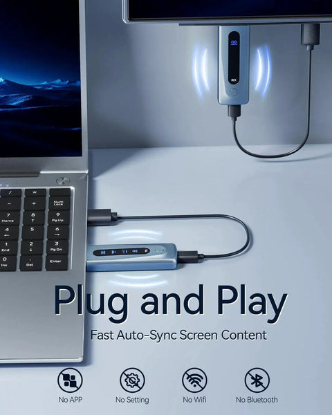 Wireless HDMI Transmitter And Receiver Kit with 328ft range showing plug and play connection from laptop to monitor