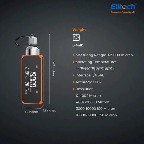 4.9-inch Elitech VGW-Mini wireless micron gauge for HVAC vacuum pumps showing specifications