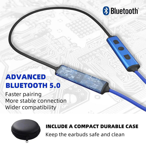 Noise Canceling Wireless Neckband Earbuds showing Bluetooth 5.0 feature and compact case