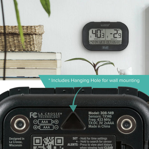La Crosse Technology wireless refrigerator/freezer thermometer, black wall-mount display with dual sensor readings