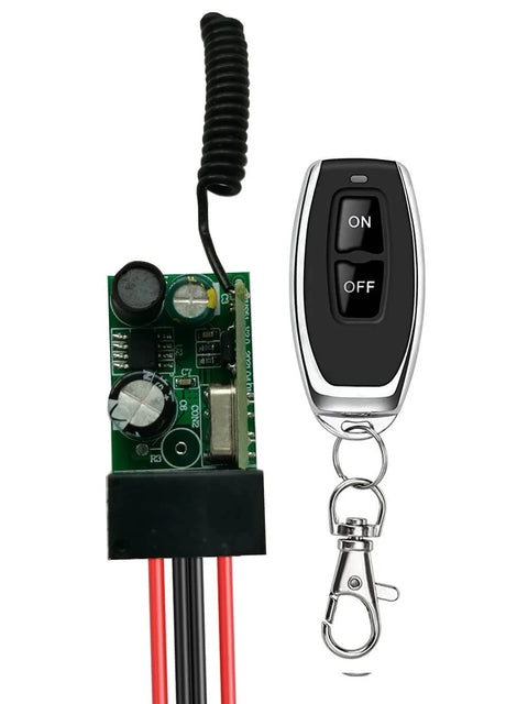 Front view of Heavy Duty 12V Wireless Remote Relay Switch Kit with remote and receiver for DC systems up to 48V, 328 ft range.