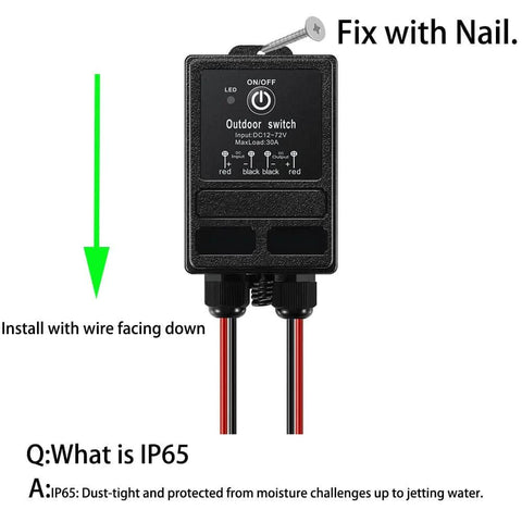Remote Control Relay Switch 12V-72V DC Wireless Receiver IP65 Waterproof 40A Heavy-Duty Relay shown with installation tips.