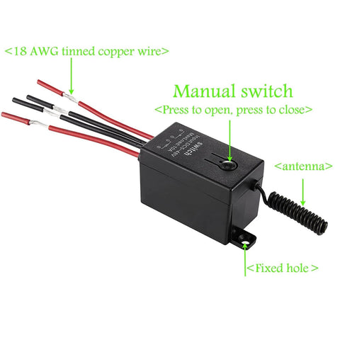 Heavy Duty 12V Wireless Remote Relay Switch Kit With 328 Feet Range For Cars Motors Lamps LED Lights And Fans Works On DC 5V 12V 24V Or 48V Systems 10 Amp Relay Easy Install Through Walls Plug And Play, shown with wires and manual switch.