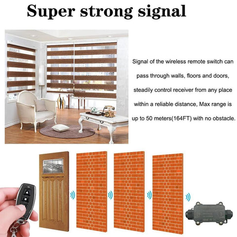 Amazon NEWNEWLIU DC12V wireless remote switch kit for DC motor; handheld remote shown with window blinds and receiver.