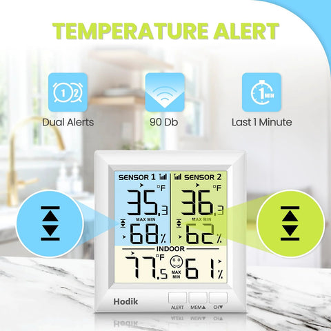 Kitchen wireless thermometer with alarm; Hodik dual-sensor fridge/freezer thermometer with 3 backlights and 330ft range