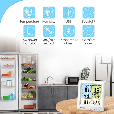 Hodik digital kitchen thermometer with alarm on table; fridge in background, display shows temperature and humidity.
