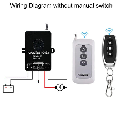 Waterproof forward/reverse switch controller; black box with battery/motor wiring; two remotes: handheld and keychain.