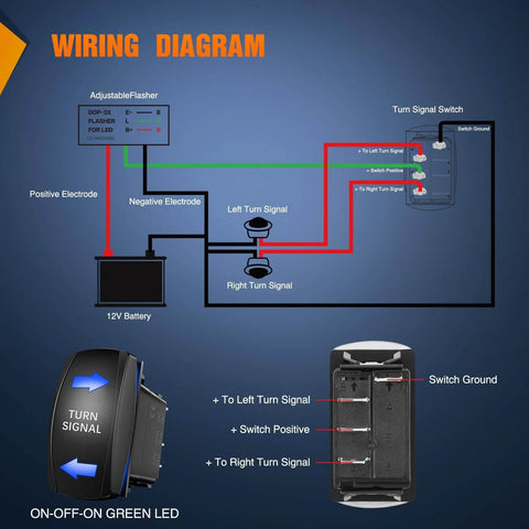 Wiring diagram of Turn Signal Switch With Flasher Relay Kit And Beefed Up 4 Pin Rocker On Off On Switch Blue LED Laser Etched SPDT Toggle For ATV UTV Tractor Motorcycle Left Right Signal 12V 20A 24V 10A Jumper Wires, showing switch connections and LED signals.