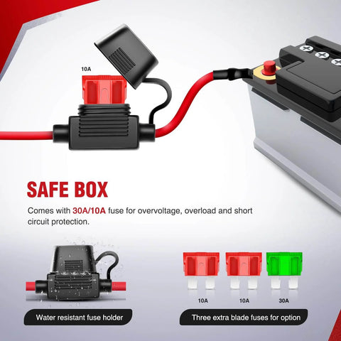 Heavy Duty 12V LED Light Bar Wiring Harness Kit with waterproof fuse box connected to 12V battery, 10A fuse visible