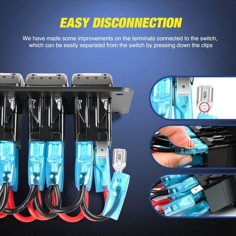 Easy disconnection feature of 12V LED Light Bar Wiring Harness Kit With 3 Gang Rocker Switch Panel and Inline Fuse Six Lead System.