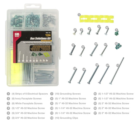 All In One Outlet Box Wiring Kit For Pros And DIYers With Grounding Screws And Clips And An Assortment Of 6 32 And 8 32 Machine Screws
