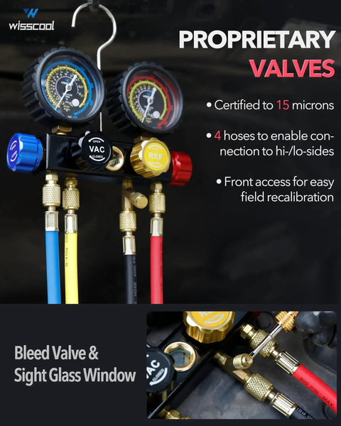 Four Point Five CFM 110V One Third HP AC Vacuum Pump With 4 Way Gauge Kit showing valves and hoses for HVAC use