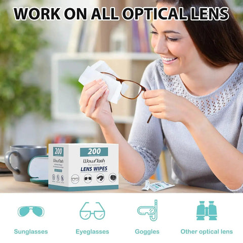 A woman using Pre-Moistened Lens Wipes For Eyeglasses Individually Wrapped Streak Free on her glasses with product box visible.