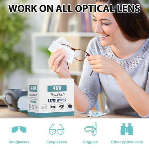 Woman using 400 Count Lens Wipes For Eyeglasses Pre Moistened Wrapped Streak Free to clean glasses.