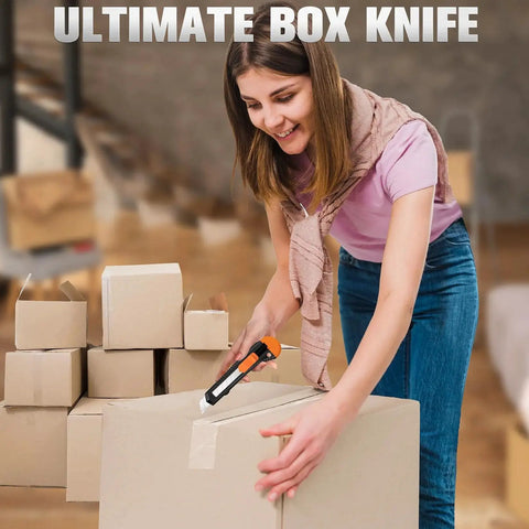Woman using four pack retractable utility knife with 18mm snap off blades and a secure lockable mechanism to cut cardboard boxes.