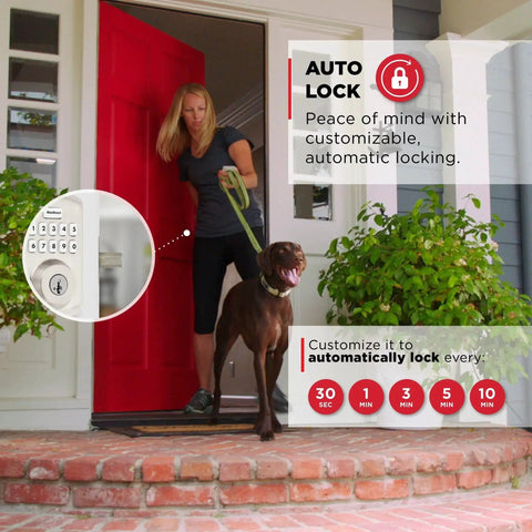Woman with a dog leaving a house showing Powerbolt 250 10 Button Keypad Electronic Deadbolt With Auto Lock And Keyless Entry for Satin Nickel Exterior Doors.