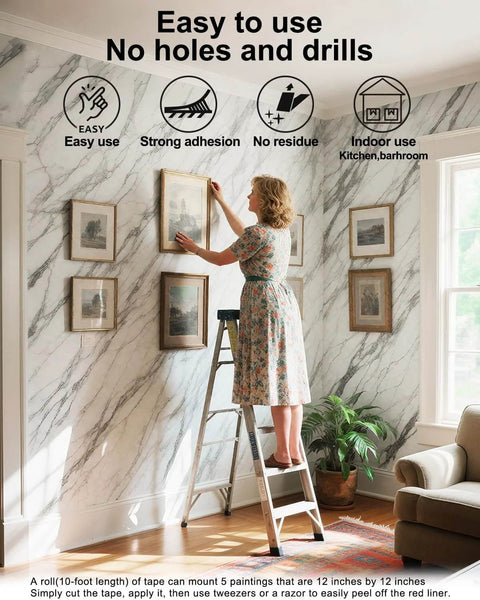 Woman using heavy duty double sided mounting tape waterproof foam tape heat resistant adhesive for picture hanging indoors on marble wall