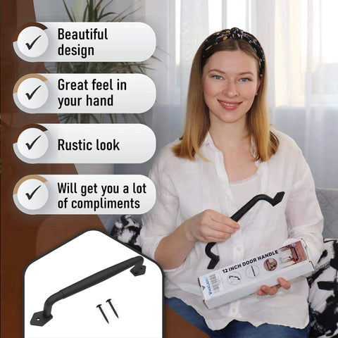 Woman holding 12 Inch Round Rustic Barn Door Handle Black Steel Pull for Sliding Doors and Indoor Outdoor Use Easy Install in packaging.