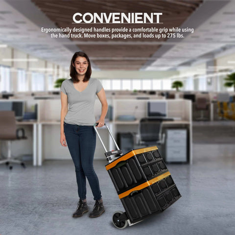 Person using a 275 Ibs Capacity Folding Hand Truck Dolly – Lightweight Aluminum Frame Dolly Cart with 42" Telescoping Handle in an office setting.