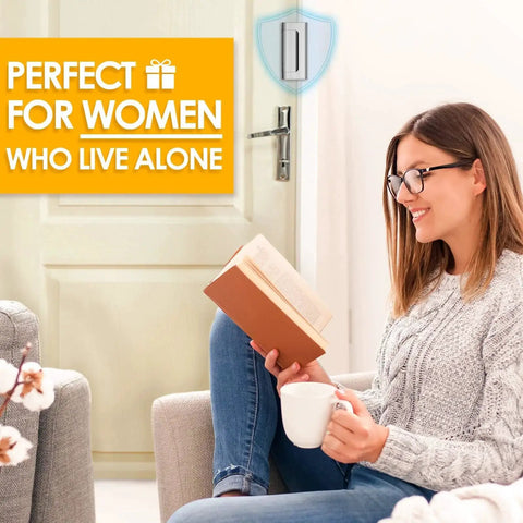 Two Pack Home Security Door Lock Reinforcement For Inward Swinging Doors With 3 Inch Stop And 800 Lb Withstand Durable And Easy Install Upgrade Flip Night Lock For Enhanced Family Safety And Peace Of Mind visible on door with woman reading nearby.