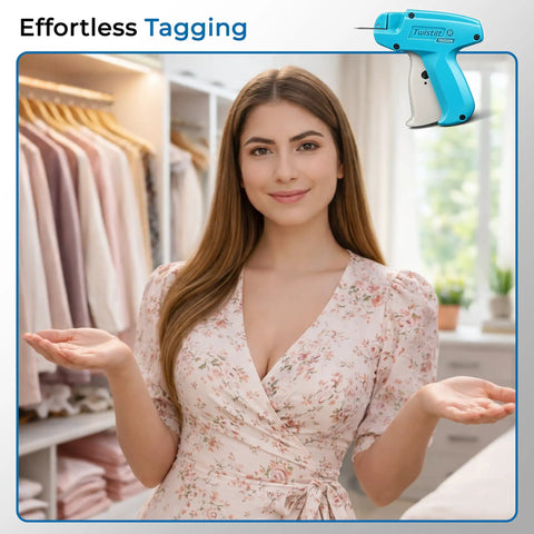 Woman in floral dress with Stitch Gun For Clothes Quick Fix Tool Not A Sewing Machine Handheld Tag Gun For Easy Clothing Repairs