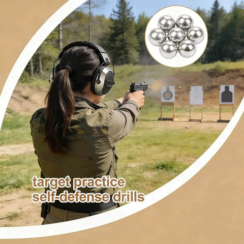 Woman practicing target shooting with .68 Caliber Aluminum Solid Paintballs 50 x .68 Caliber Self-Defense Balls; inset of metal balls
