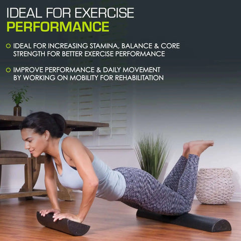 Woman using High Density Foam Roller 36 Inch Long Firm Full Body Massager For Back Stretching Yoga Pilates Post Workout Trigger Point
