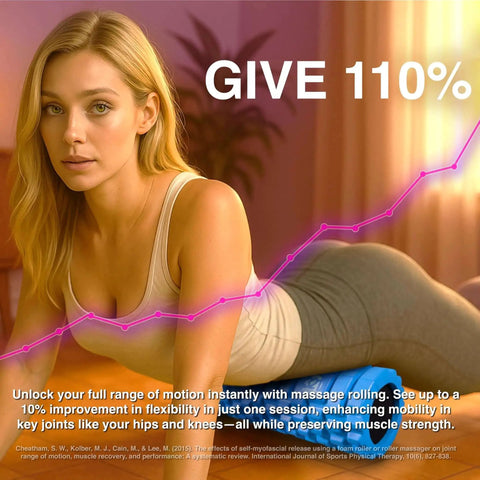 Woman demonstrating Medium Density Foam Roller For Deep Tissue Massage And Myofascial Trigger Point Release That Eases Back And Neck Pain