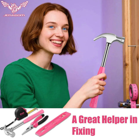 Woman using a pink hammer from Pink Cordless Screwdriver Kit 3 6V Rechargeable With 112 Piece Home Tools Set For Women.
