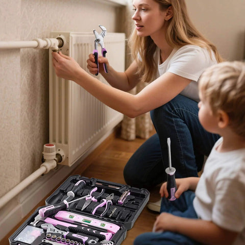 Woman using Pink Tool Kit for Women 146 Piece General Household Hand Tools Storage Toolbox for home radiator repair with child.