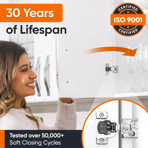 Woman opening cabinet door with Soft Close Cabinet Hinges for Half Inch Overlay Kitchen Cabinets, 50 Pack Stainless Steel Concealed Face Frame Hinges