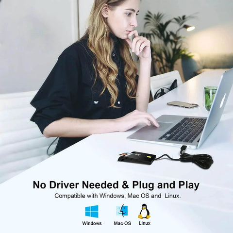 Woman using CAC Card Reader Military, Smart Card Reader DOD Military USB Common Access CAC with laptop on white desk