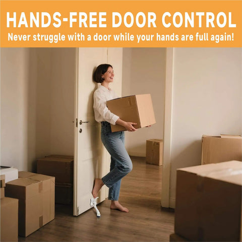 One Touch Semi Automatic Kickdown Door Stop White 4 Inch Adjustable Height Rubber Tip Heavy Duty Door Holder 1 Pack installed, woman holding boxes.