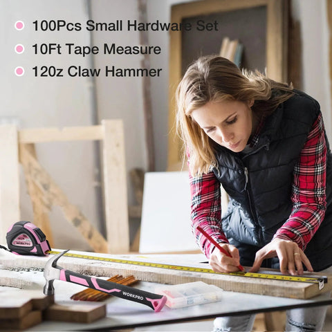 Woman using Pink 263-Piece Home Repair Tool Kit With Wide Mouth Storage Bag For DIY Projects And Breast Cancer Awareness Ribbon
