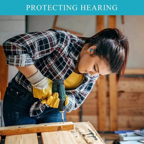 Woman wearing reusable soft foam ear plugs with up to 35 DB SNR noise reduction for construction work and safe hearing protection