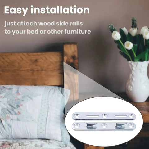 Wood Bed Rail Brackets and Connecting Fittings 5.1 inch zinc round bed hooks set with easy installation guide near bed frame.