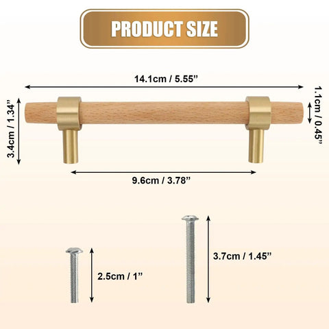 Set Of Six 3.75 Inch Wooden Cabinet Pulls With Screws For Dresser Kitchen And Wardrobe Cabinets, size diagram displayed