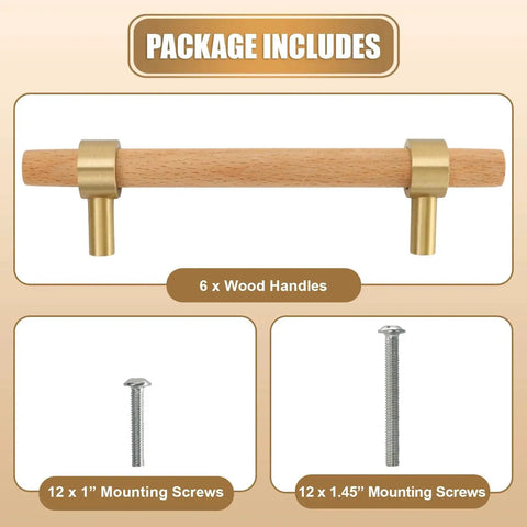 Set Of Six 3.75 Inch Wooden Cabinet Pulls With Screws For Dresser Kitchen And Wardrobe Cabinets with mounting screws included