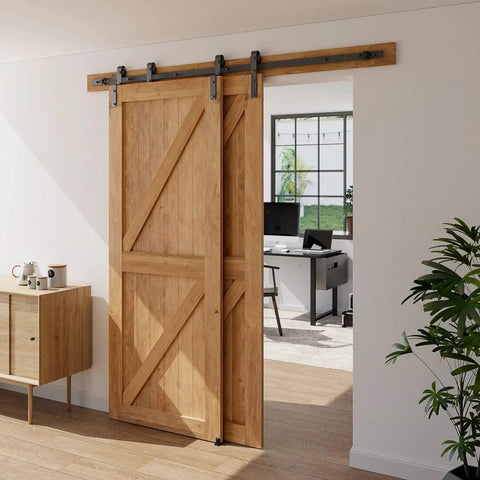 Front view of Six Feet Bypass Sliding Barn Door Hardware Kit For Double Doors Single Track With Bypass Floor Guide installed