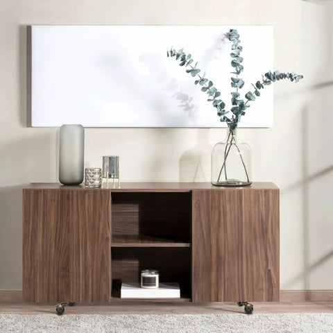 Wooden sideboard on Eight Pack 2 Inch Antique Brass Ball Caster Wheels With Brakes Swivel Casters with decorative vases on top